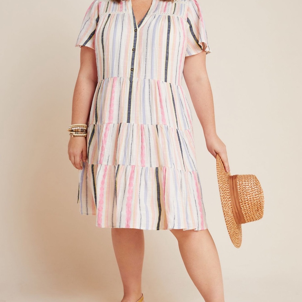 Anthropologie Georgina Tiered Cotton Striped Shirt Dress